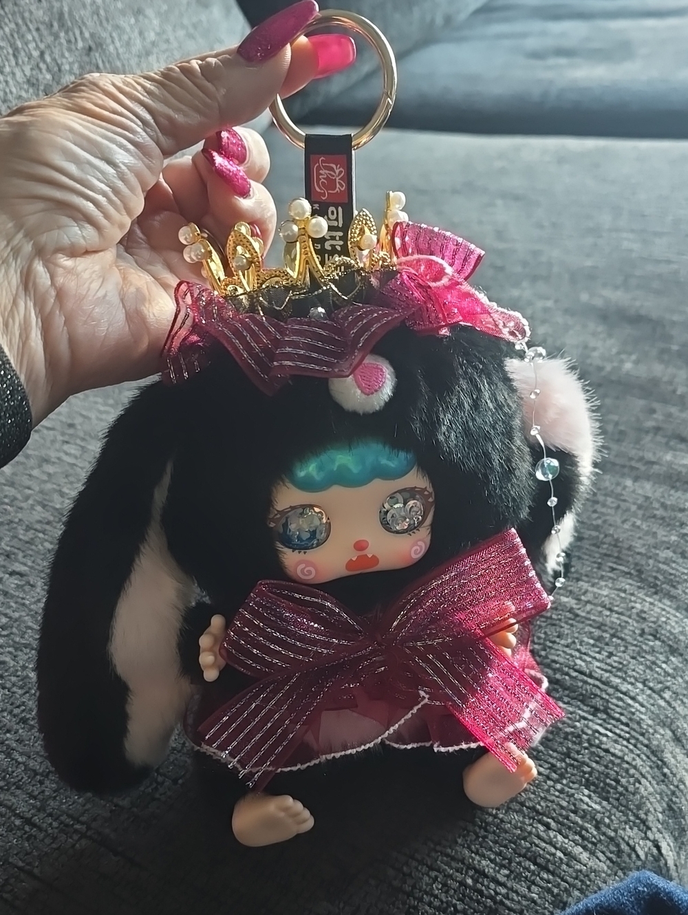 Plush Bunny Doll Keychain Accessory in Black and Pink with Crown Bow